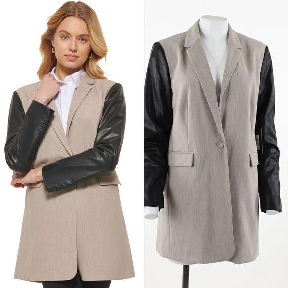 DKNY Mixed Media Faux Leather Sleeve Jacket in City Khaki/Black - Picture 1 of 5